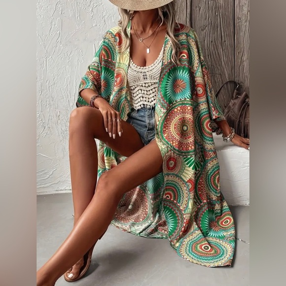 New Mandala Print Open Front Kimono Boho 3/4 Sleeve Cover Up Longline Swim Cover - Picture 10 of 10